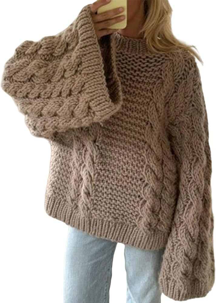NRTHYE Women's Oversized Cable Knit Sweater Tops Loose Long Sleeves Crewneck Chunky Slouchy Baggy... | Amazon (US)