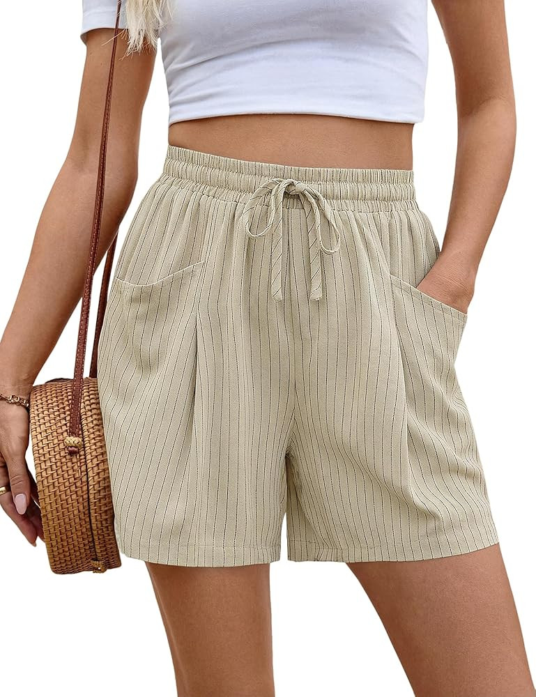 AKEWEI Linen Shorts Women Casual Wide Leg High Waisted Summer Outfits Comfy Elastic Waist Beach S... | Amazon (US)