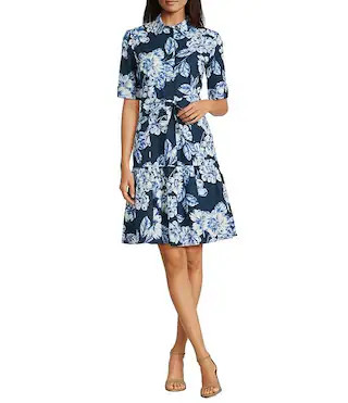 Floral Print Cotton Poplin Collared Neck Short Sleeve Belted Shirt Dress | Dillard's