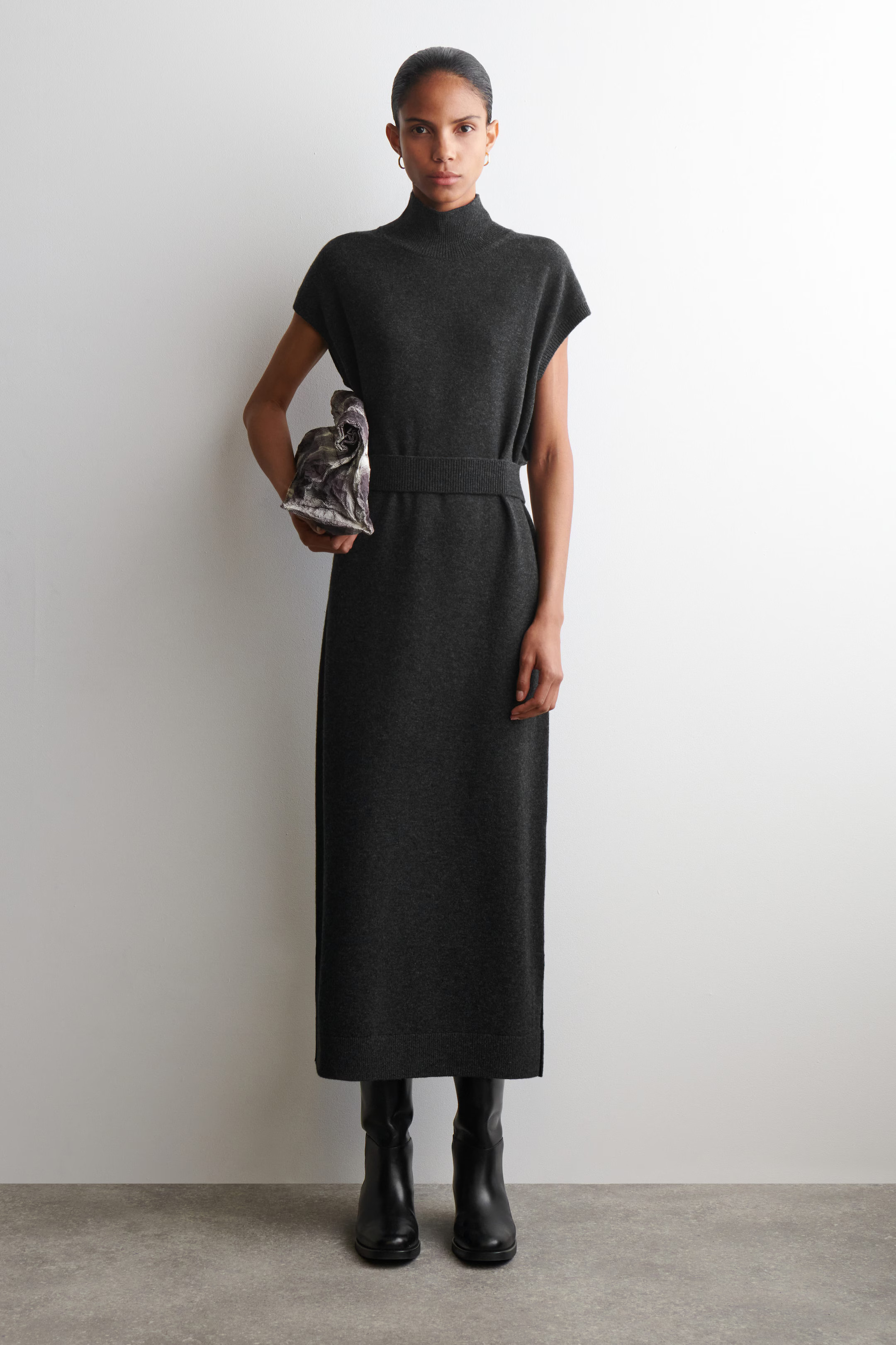 BELT-DETAIL MERINO WOOL FUNNEL-NECK DRESS - DARK-GREY MÉLANGE | COS GB | COS UK