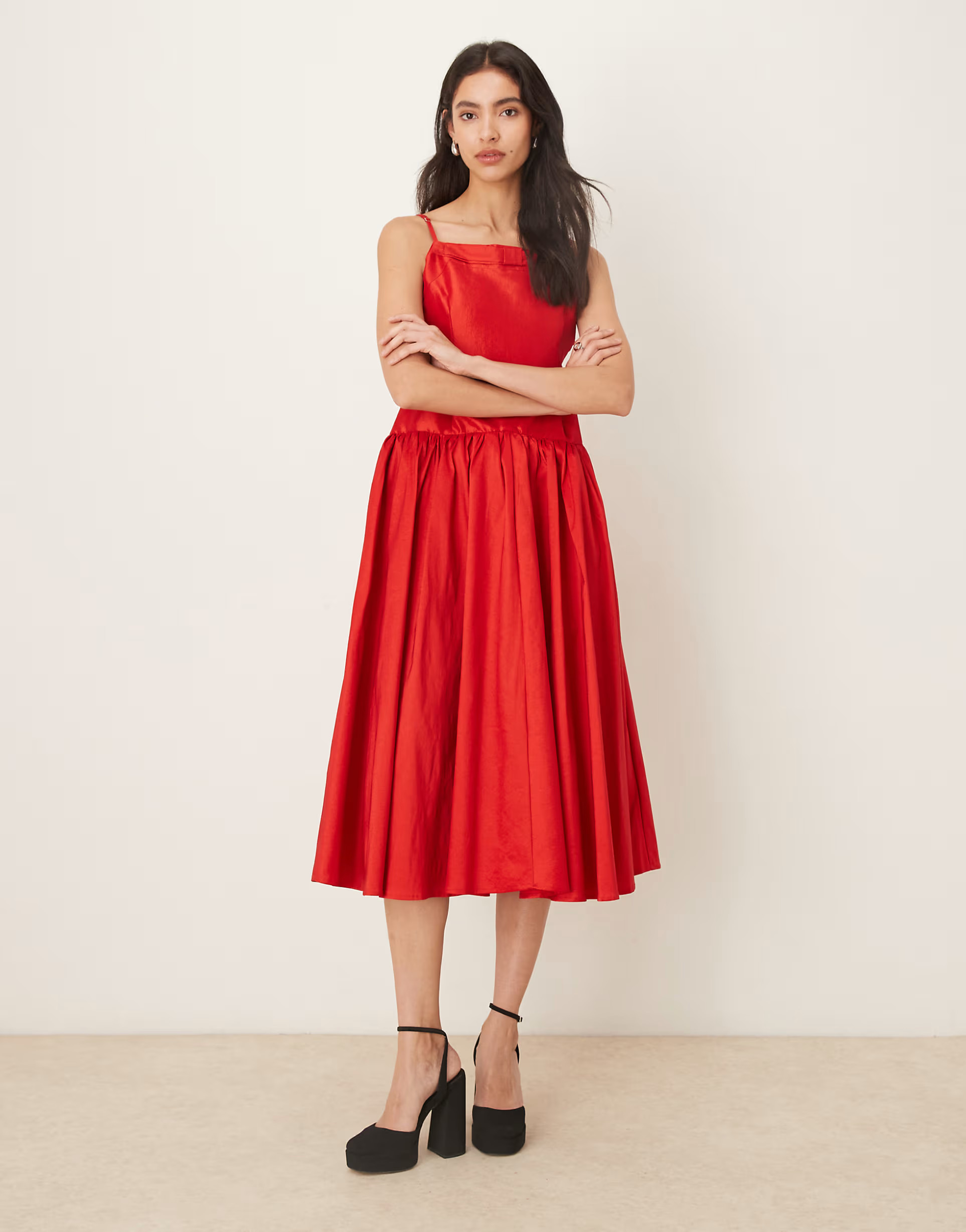 Sister Jane Quartet square neck dropped waist taffeta midi dress in red | ASOS (Global)