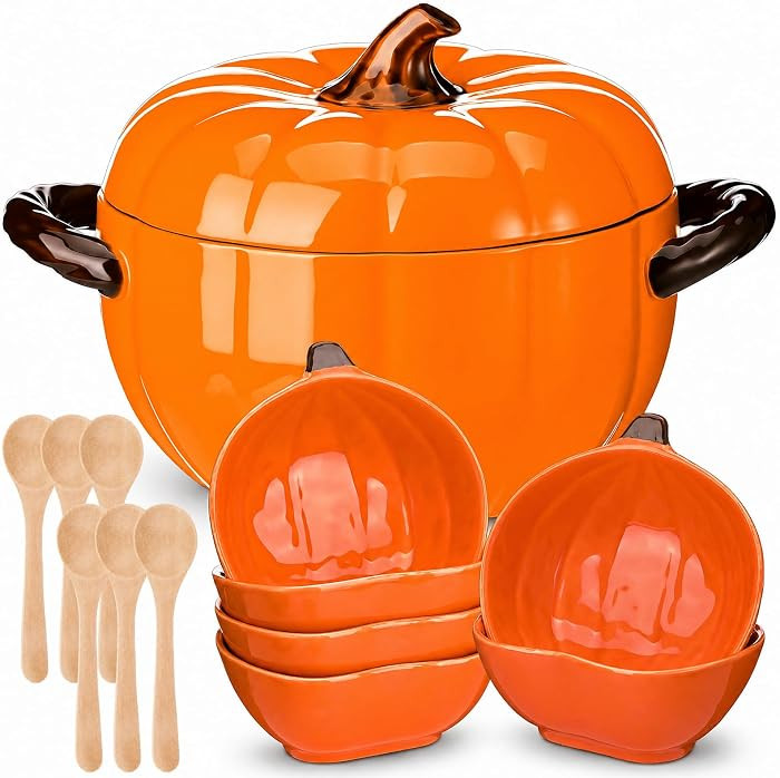 Qinyoung Pumpkin Ceramic Pot with Lid 54 oz with 6 Set Pumpkin Ramekins and Wooden Spoons Fall Se... | Amazon (US)