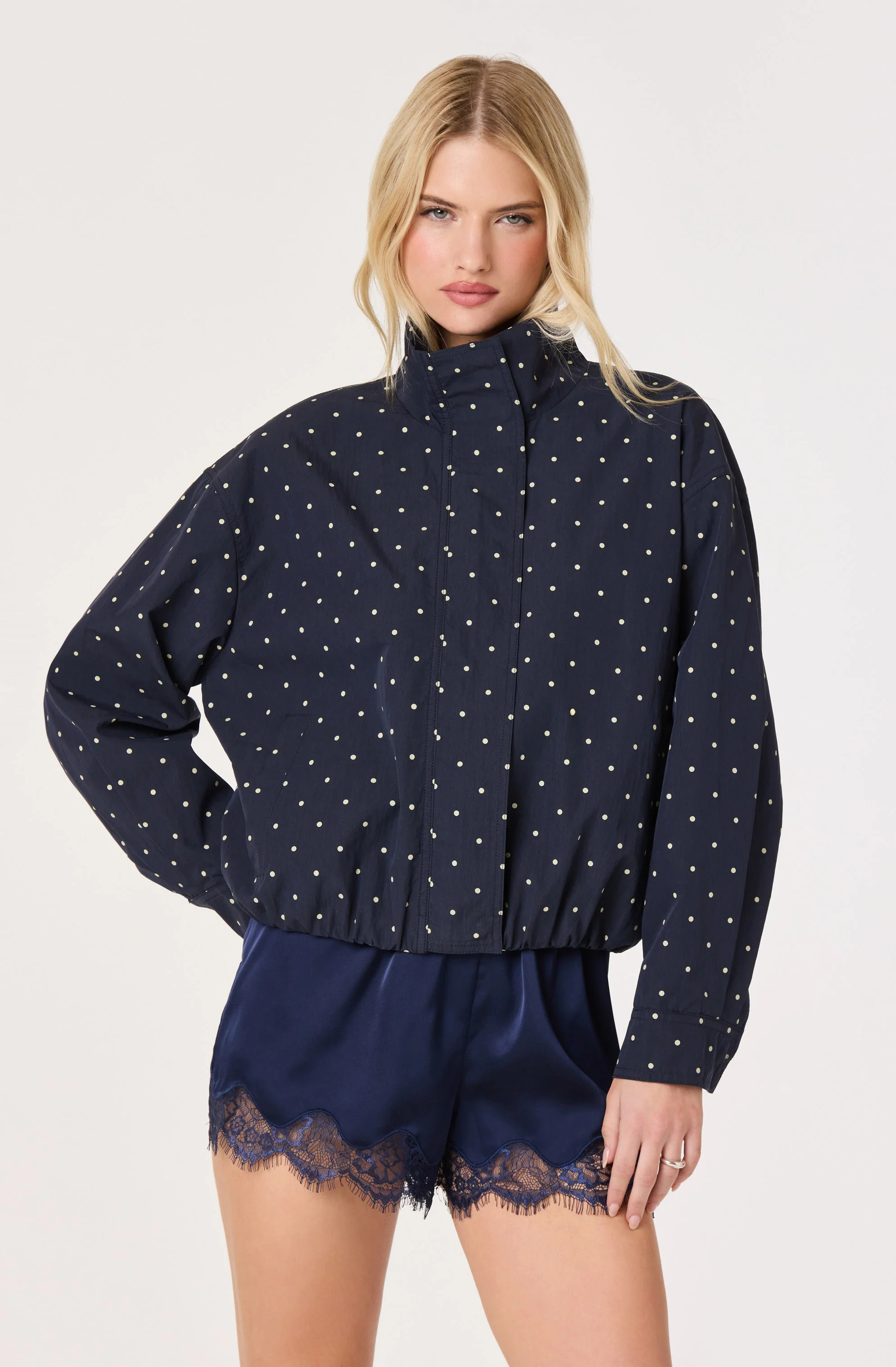 Cooper Polka Dot Funnel Neck Bomber Jacket - Navy cream dot / XS | ASTR The Label (US)