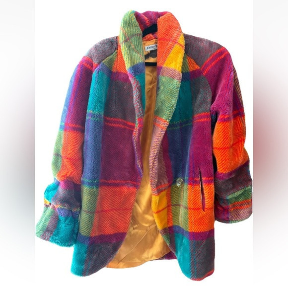 VTG DONNYBROOK Women's Sz US L/XL Rainbow Colorful Faux Fur Plaid Coat | Poshmark