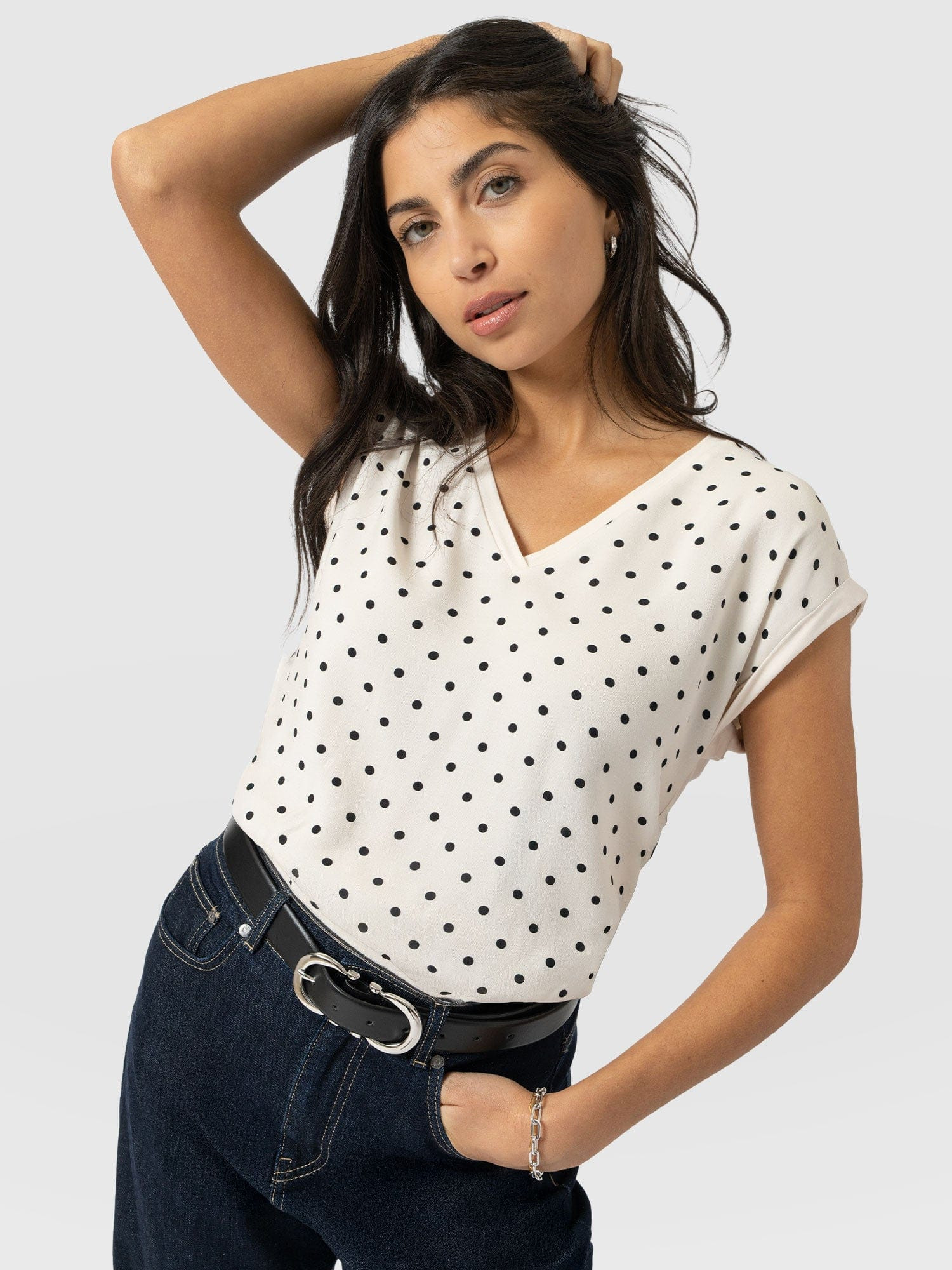 Turn Up Contrast V Neck Tee - Cream Polka Dot | Saint + Sofia UK