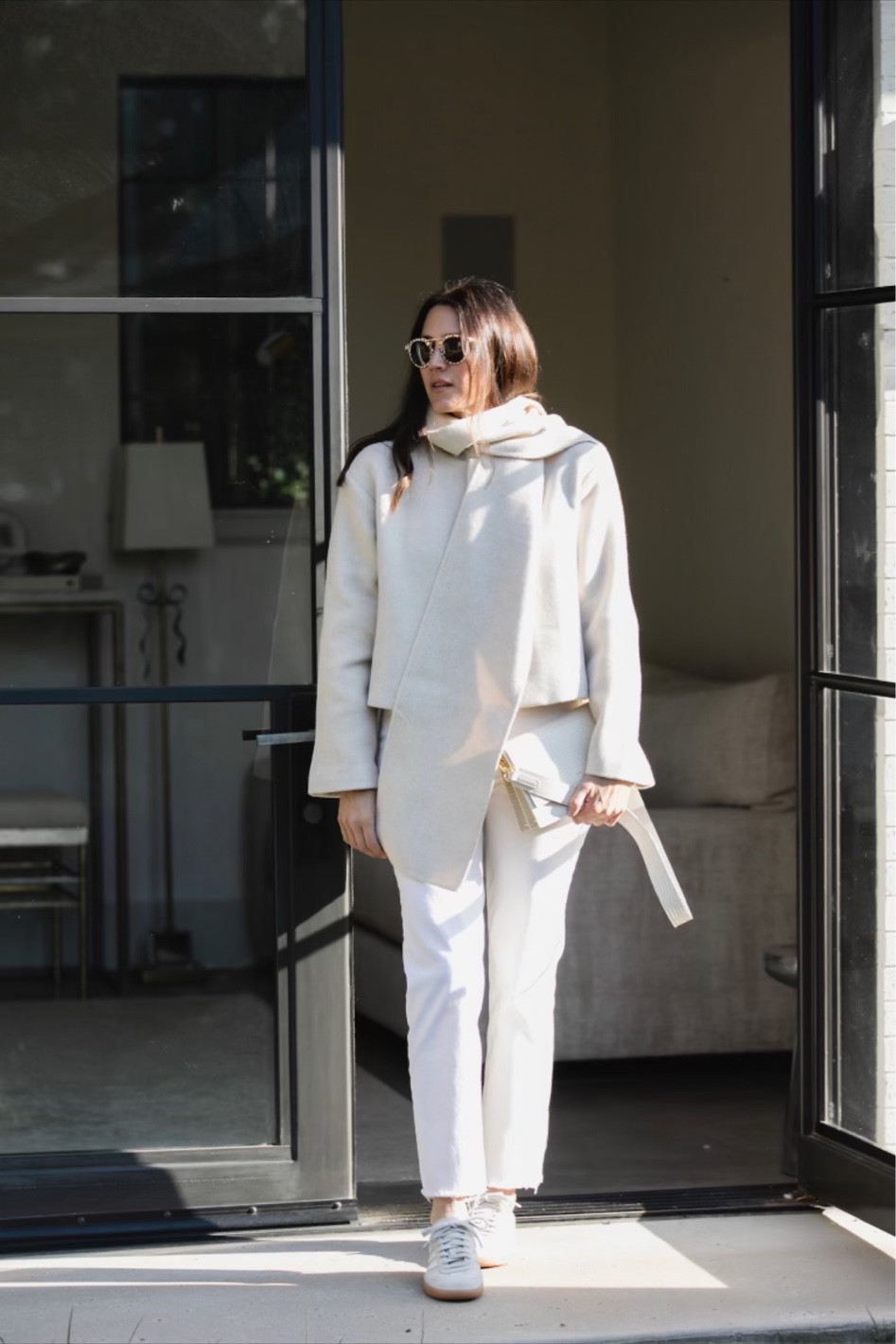 Reformation scarf coat. White jeans, winter white outfit, samba sneakers 

#LTKstyletip #LTKover40 #LTKsalealert