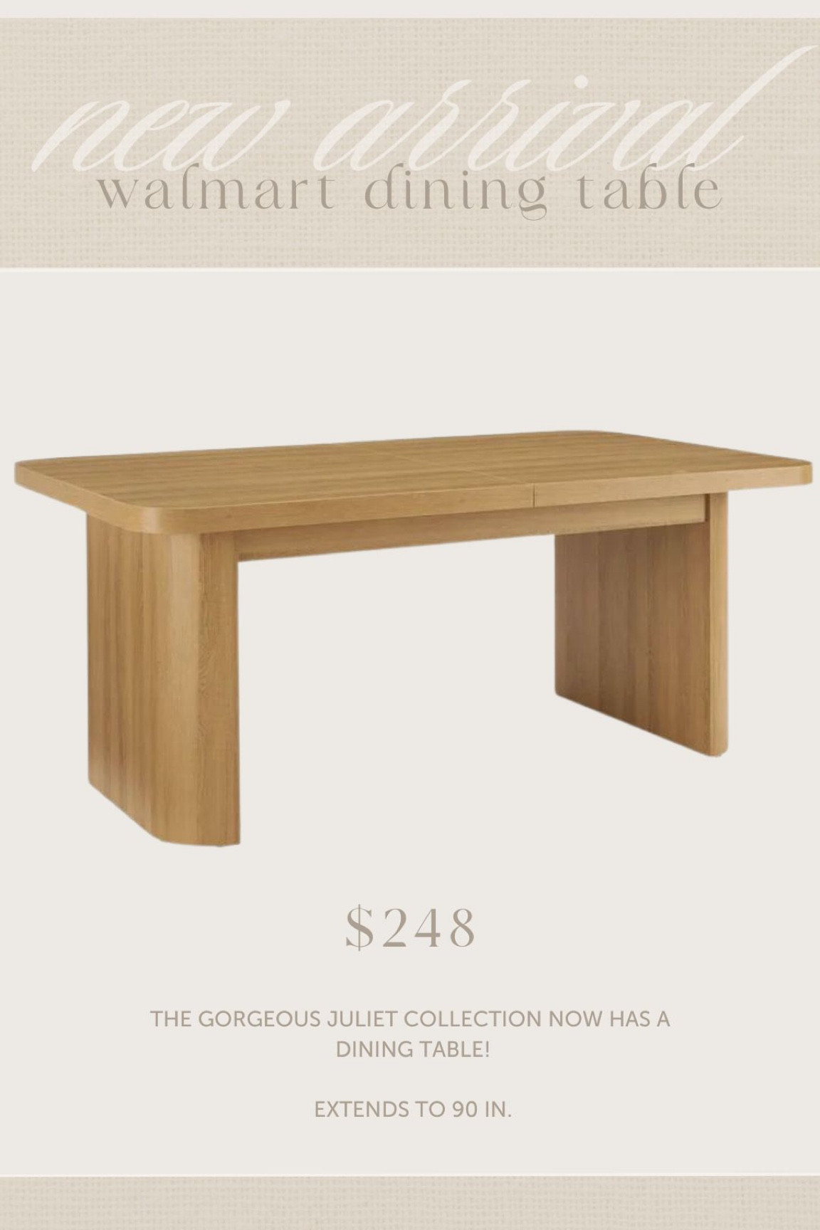 A 90inch extending dining table under $250?! WHAT?! Run! This gorgeous table is part of the Juliet collection at Walmart and is such a steal 🤍

#diningtable #affordable #lookforless #designerinspired #table #extendingdiningtable #diningroom #walmarthome #walmartfinds #new #home #modernorganic #dealoftheday 

#LTKhome #LTKsalealert #LTKSeasonal