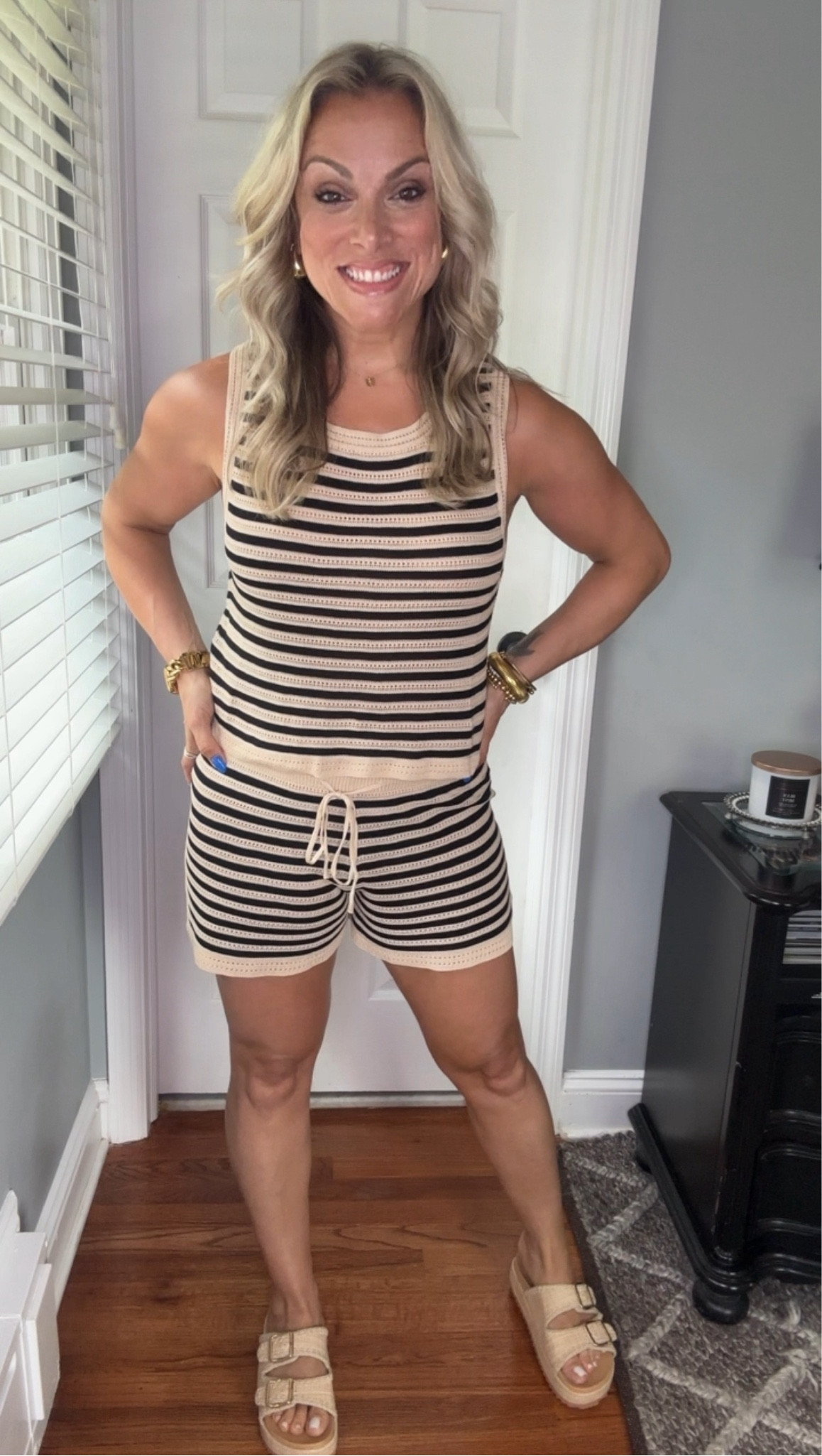 Striped two piece knit set. Size up one. Wearing a medium. Comes in other colors. 