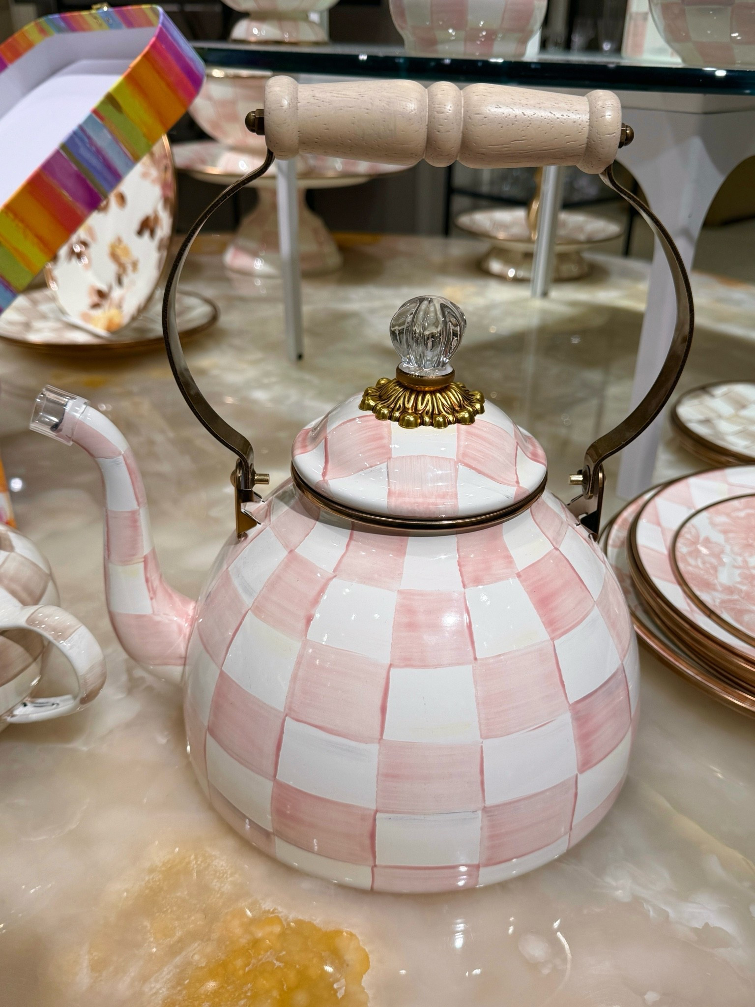 The MacKenzie-Childs Rosy Check Tea Kettle is such a gorgeous statement piece for a kitchen countertop or stovetop. 💗 The soft rosy pink check pattern is whimsical and ionic. One of those pieces that instantly adds charm and personality to a kitchen space! 💕 #HomeDecor #KitchenDecor #MacKenzieChilds

#LTKSaleAlert