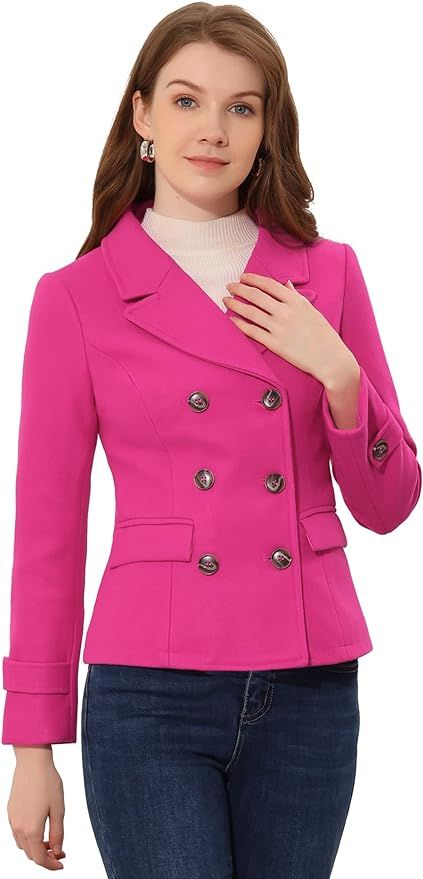 Allegra K Women's Notched Lapel Double Breasted Pea Coat | Amazon (US)