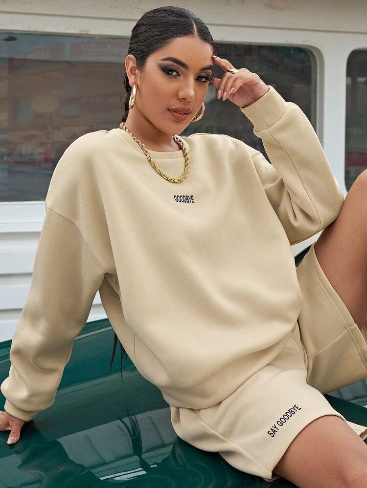 Drop Shoulder Letter Graphic Pullover & Shorts Set | SHEIN