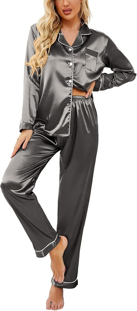 Ekouaer Women's Summer Classic Button Down Long Satin Silk Pajama Set | Amazon (US)