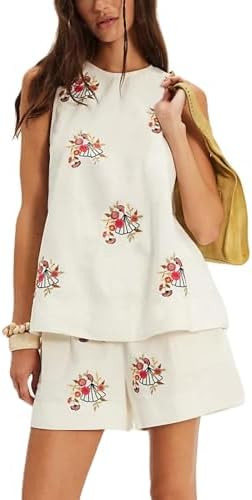 Women Y2k Pajama Set Sleeveless Floral Embroidery Babydoll Top with Elastic Waist Shorts 2 Pcs Lo... | Amazon (US)