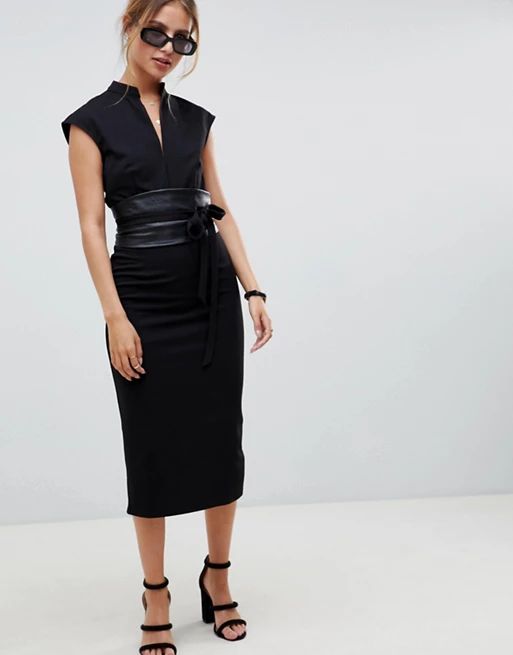 ASOS DESIGN pencil midi dress with faux leather obi belt | ASOS US