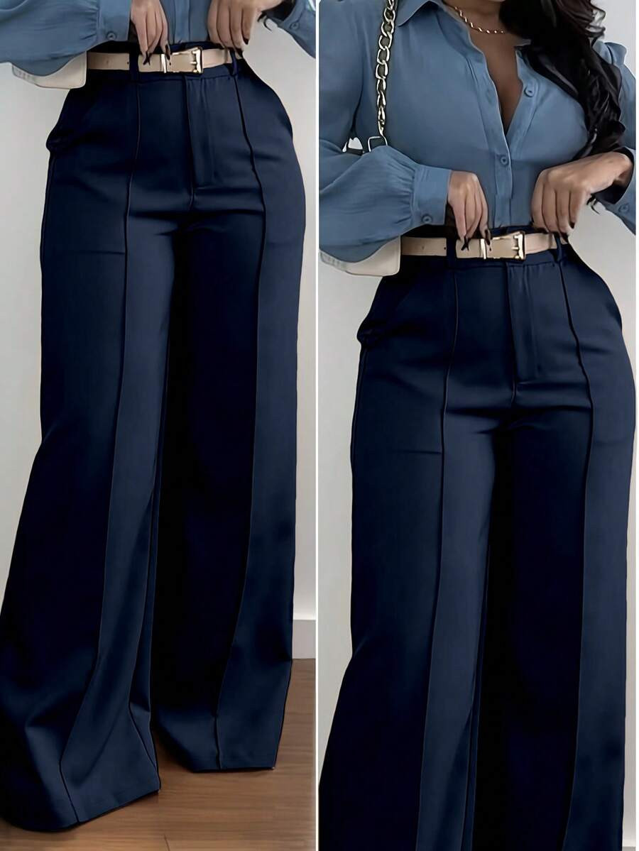 Solid Color Zipper Pocket Button Waistless Elegant Fashionable Versatile Suit Pants For Commuting | SHEIN