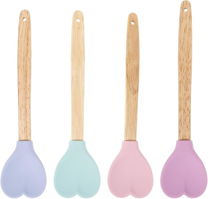 HOMSFOU 4Pcs Heart Shaped Silicone Spoons with Wooden Handles Heat Resistant Kitchen Cooking Uten... | Amazon (US)