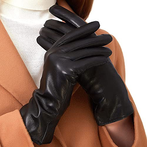 ZLUXURQ Soft Genuine Lambskin Leather Cold Weather Touchscreen Gloves Cashmere Lined for Women in Black | Amazon (US)