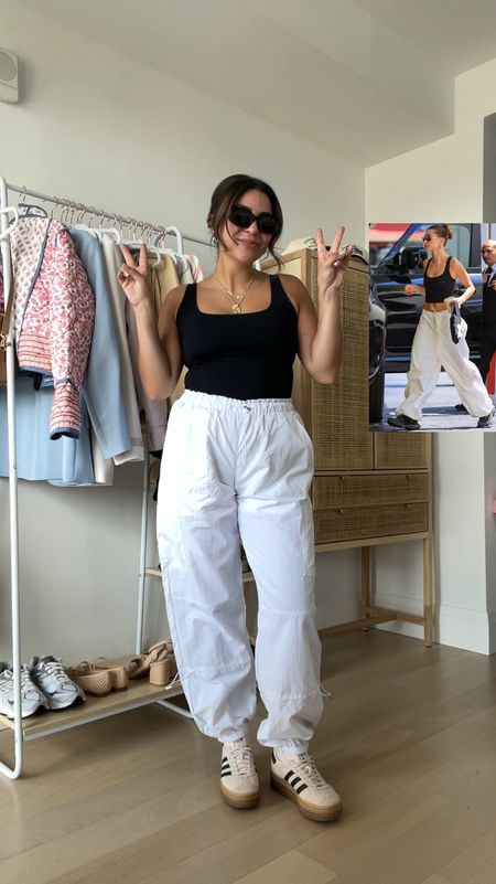Recreating a Hailey Bieber outfit from Pinterest with pieces from Amazon! Love these cargo pants, so comfy & lightweight. Wearing them with a simple black square neck top - feels like skims but cheaper. 

Sizing - pants (size up once, L), top (true to size M)

#LTKVideo #LTKfindsunder50 #LTKFestival