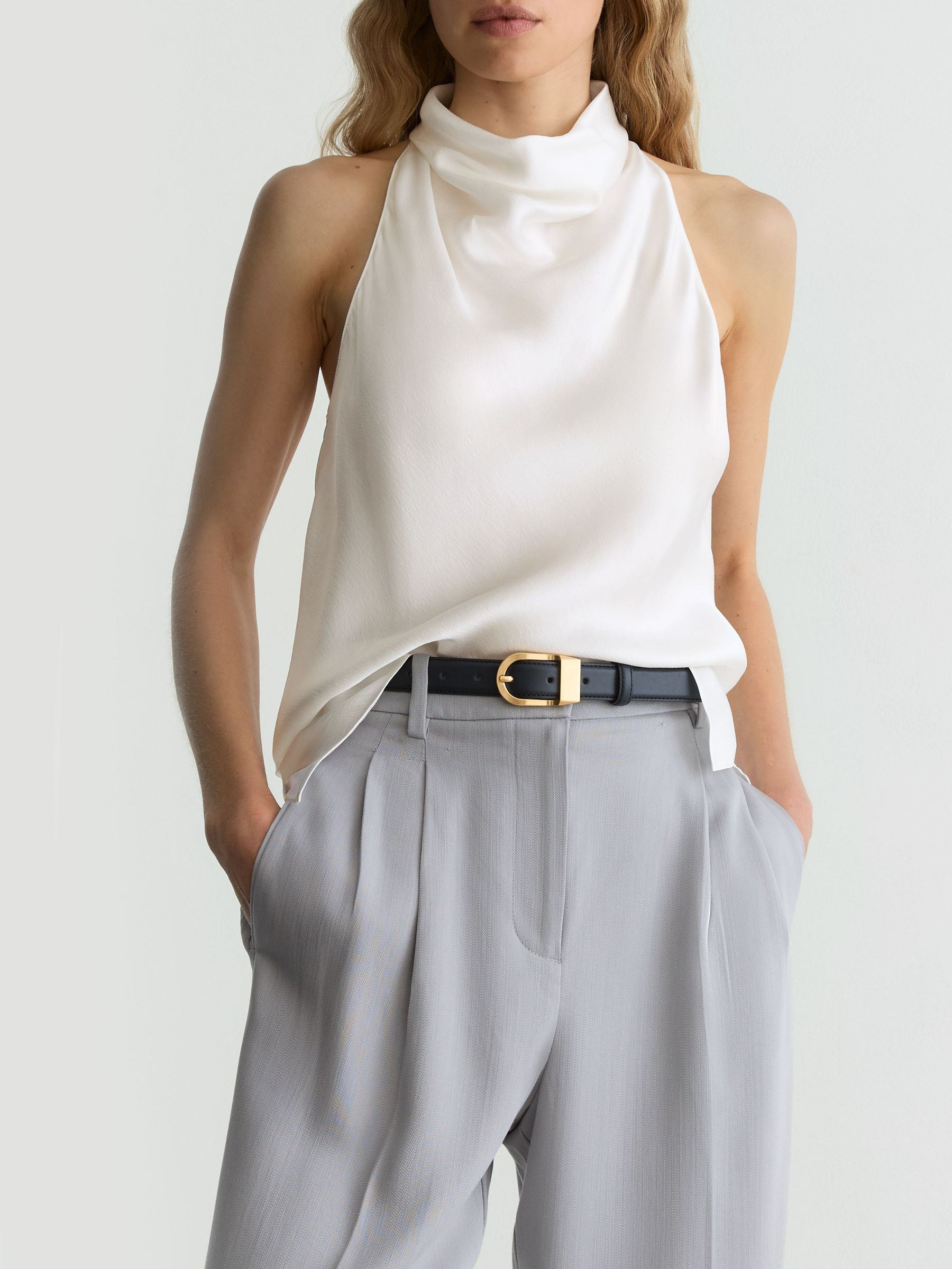 Reiss Hammered-Silk Cowl-Neck Top in Ivory | REISS | Reiss DE