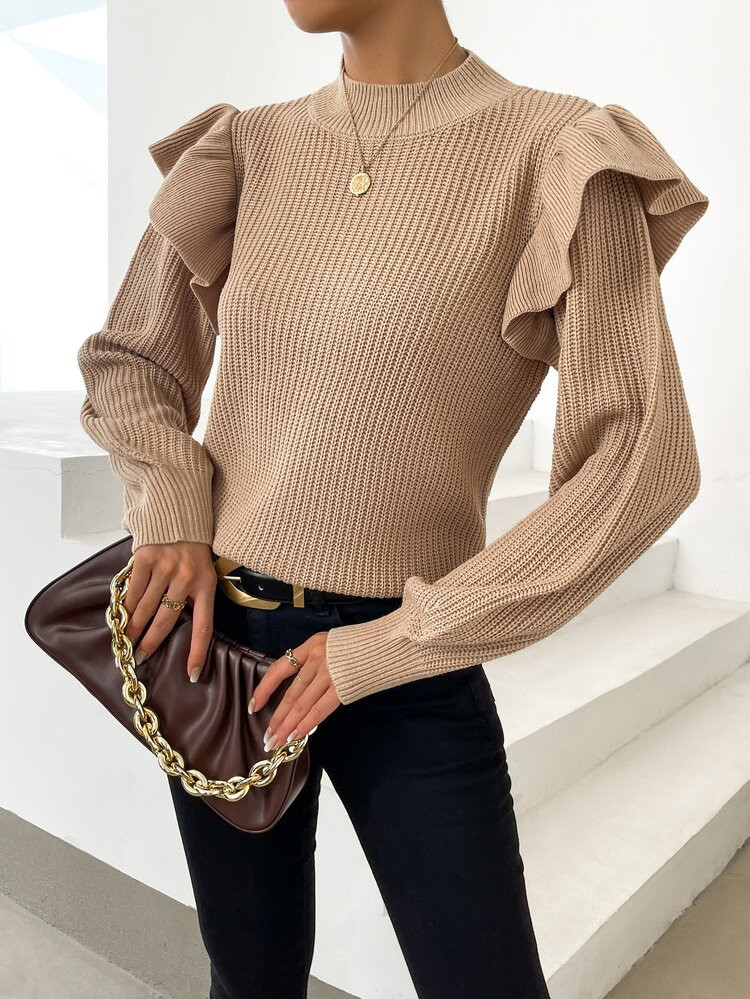 Mock Neck Ruffle Trim Sweater | SHEIN