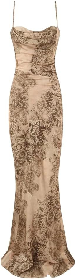 Women's Floral Print Maxi Dress Satin Spaghetti Strap Mermaid Slim Fit Package Hip Dresses | Amazon (US)