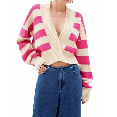 Women'S Color Block Striped Sweater Long Sleeve Cardigan Button Down V Neck Knit Top Fashion Knitwear Rose Red L | Walmart (US)