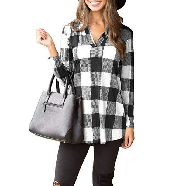 Women Casual Long Sleeve Plaid Tunic Shirt V Neck Pullover Blouse Tops - Walmart.com | Walmart (US)