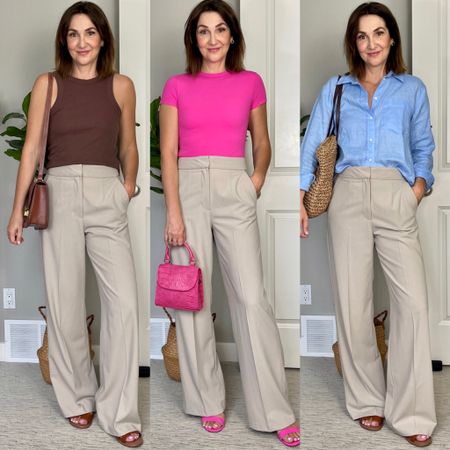 A few more outfit ideas for beige trousers. 
I’m 5’ 7” (32” inseam) wearing my usual size 4 in these pants. They come in several colors, I also have black.
Wearing my usual size S in all the tops. The pink heels fit tts, I went up 1/2 size in the brown sandals, they fit a bit narrow.


#LTKFind #LTKstyletip #LTKitbag