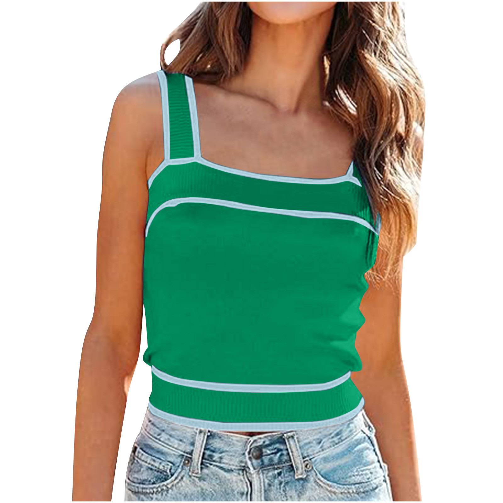 Vivianyo HD Women's Square Neck Knit Crop Tank Tops 2024 Slim Fit Y2K Color Block Sleeveless Cami... | Walmart (US)