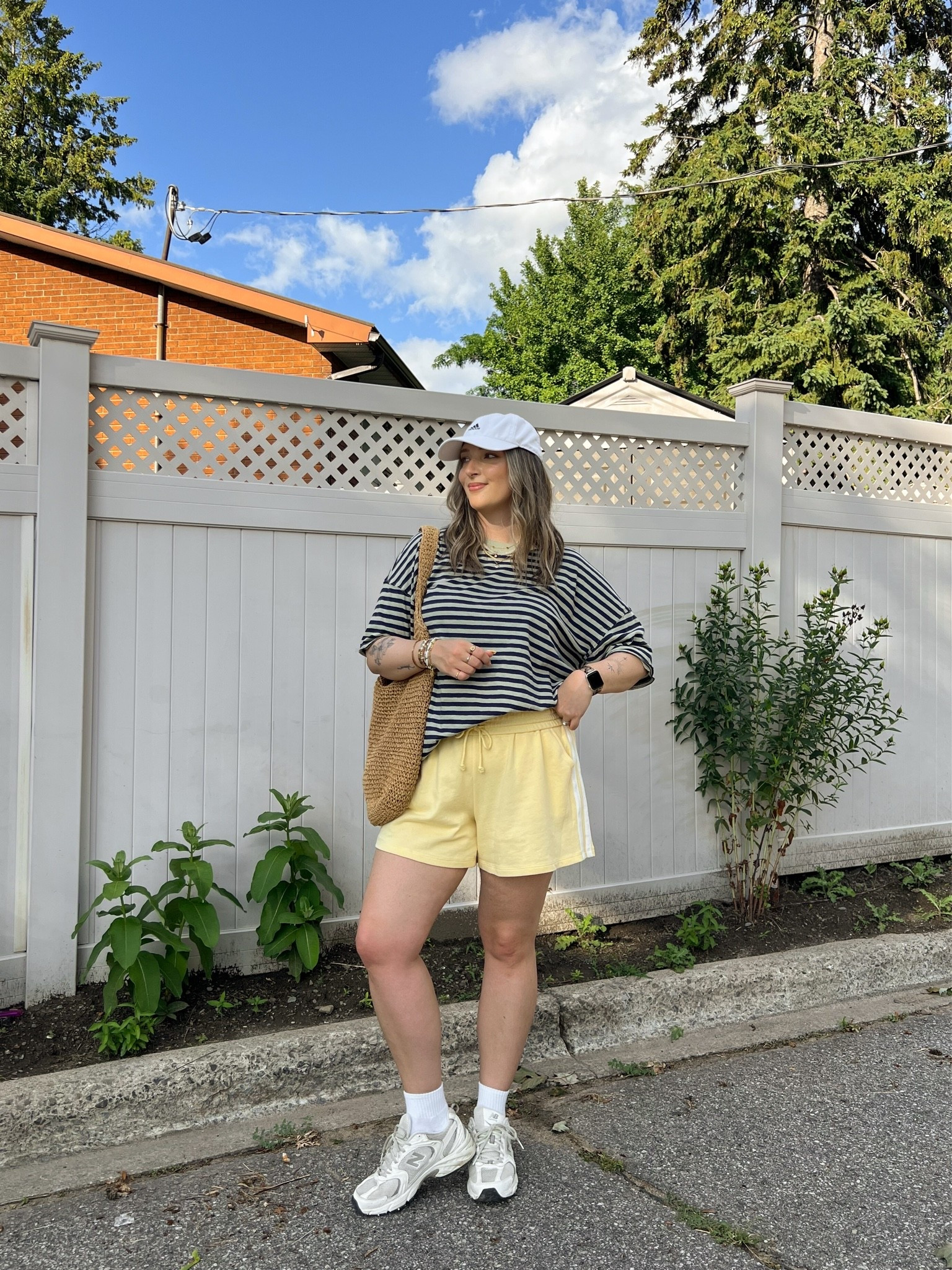 Comfy summer outfit for a walk! Wearing my usual size L in the striped tee. Linked similar butter yellow sweat shorts. I’m a 9.5-10 shoe and wear a 9 in the new balance sneakers (so comfy for walking!)

#LTKsummer #LTKfitness #LTKmidsize