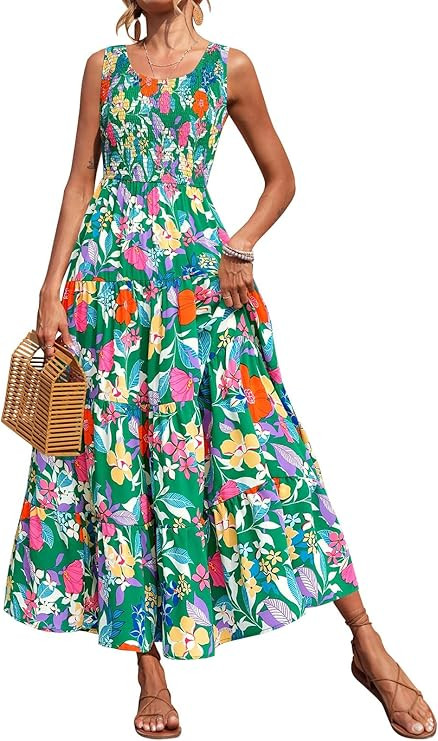 PRETTYGARDEN Smocked Tank Floral Maxi Dresses for Women 2025 Wedding Guest Dress Sleeveless Flowy... | Amazon (US)
