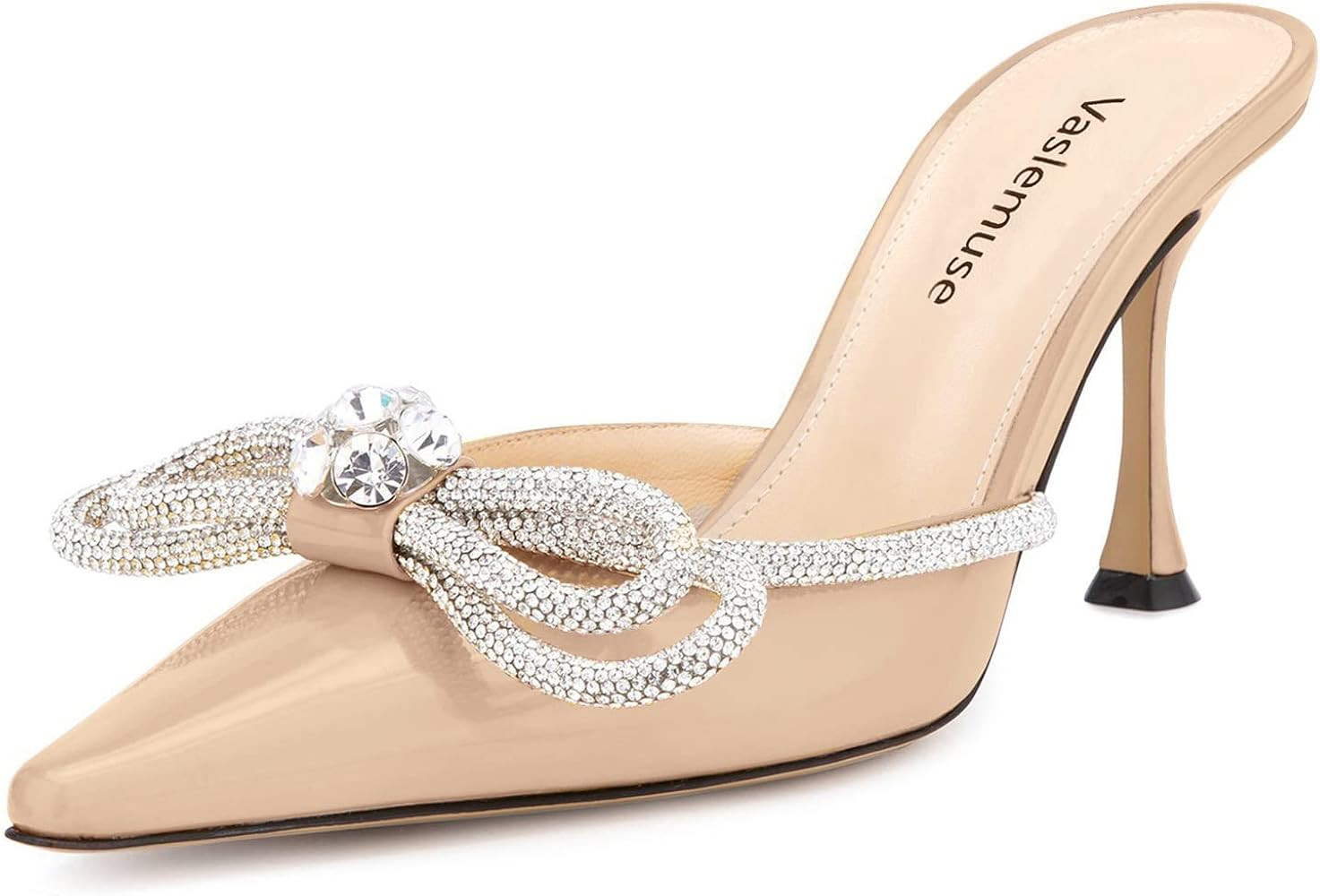 Vaslemuse Women Heeled Mules Rhinestone Bow Pointed Toe Mules Patent Leather Stiletto High Heels Sli | Amazon (US)