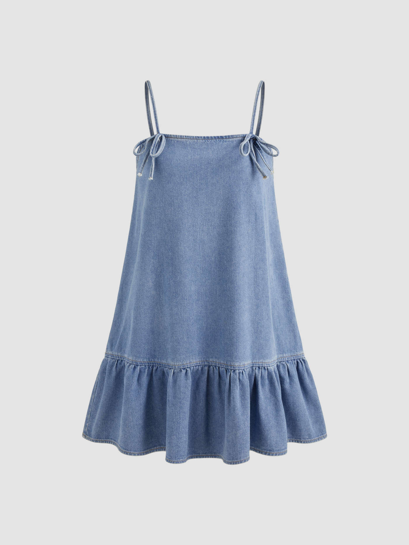 Denim Solid Bowknot Ruffle Babydoll Mini Dress | Cider