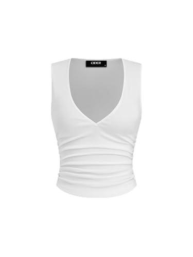 CIDER Tank Tops for Women V Neck Ruched Sleeveless Top Basic Going Out Cotton Blend Slim Fit Top Beige | Amazon (US)