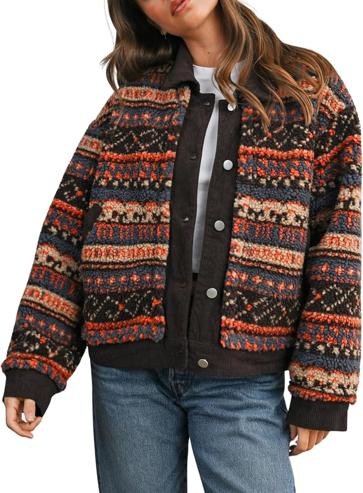 Women's Floral Sherpa Jacket Open Front Denim Collar Fleece Jackets Oversized Outerwear with Pock... | Amazon (US)