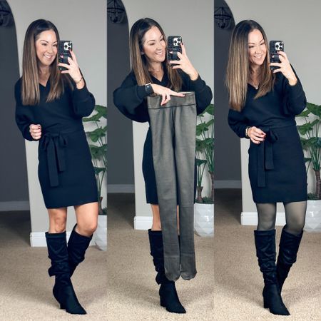 🔥Fleece lined tights!  
They are amazing!  So soft & warm! I am wearing the Congmingmao brand, but there are a lot to choose from.  they are one size fits all they fit me. I'm 5'1", 109lbs.  Sweater dress is size xs and i linked similar boots to mine.  Winter style tip | winter outfit | 

#LTKunder50 #LTKstyletip #LTKSeasonal