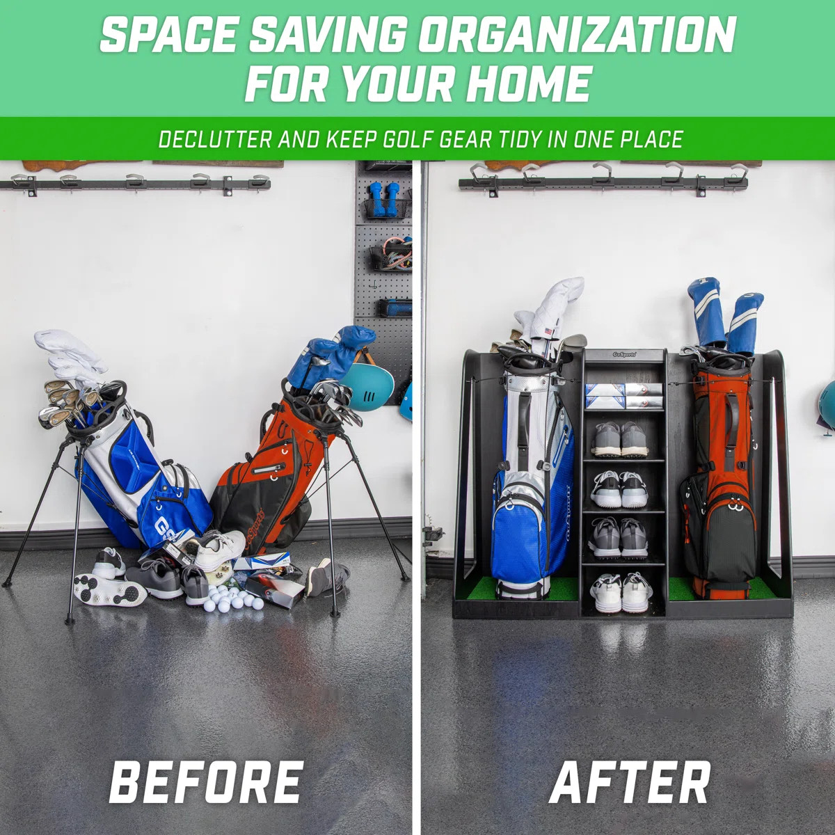 GoSports Premium Wooden Freestanding Golf Bag Organizer and Storage Rack    GOLF-STORAGE-WD-DBL-B... | Wayfair North America