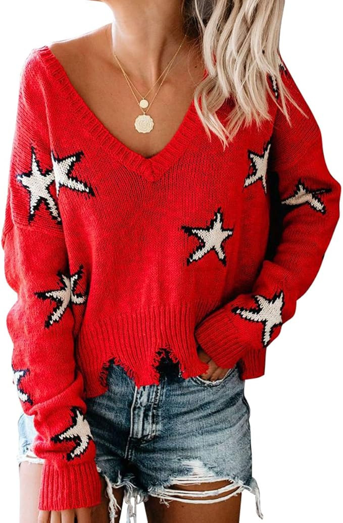 LEANI Women's Loose Knitted Sweater Long Sleeve V-Neck Ripped Pullover Sweaters Crop Top Knit Jum... | Amazon (US)