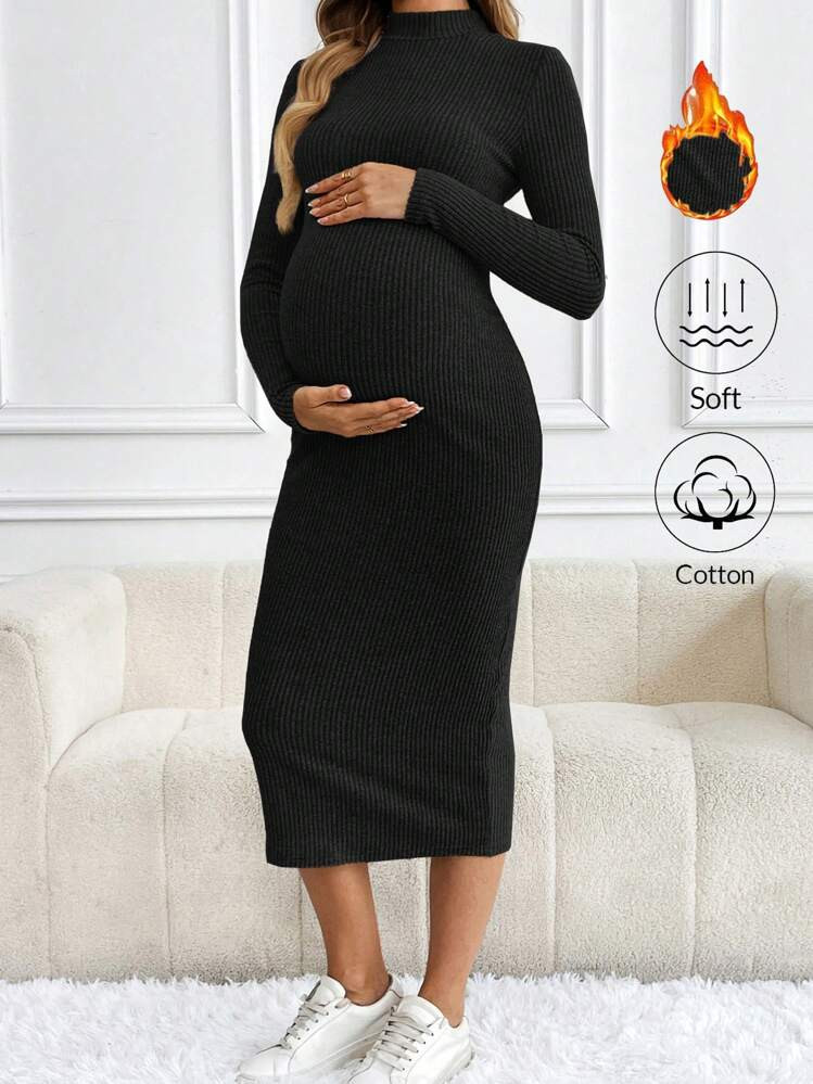 SHEIN Women's Solid Stand Collar Long Sleeve Simple Long Casual Dress, For Maternity | SHEIN