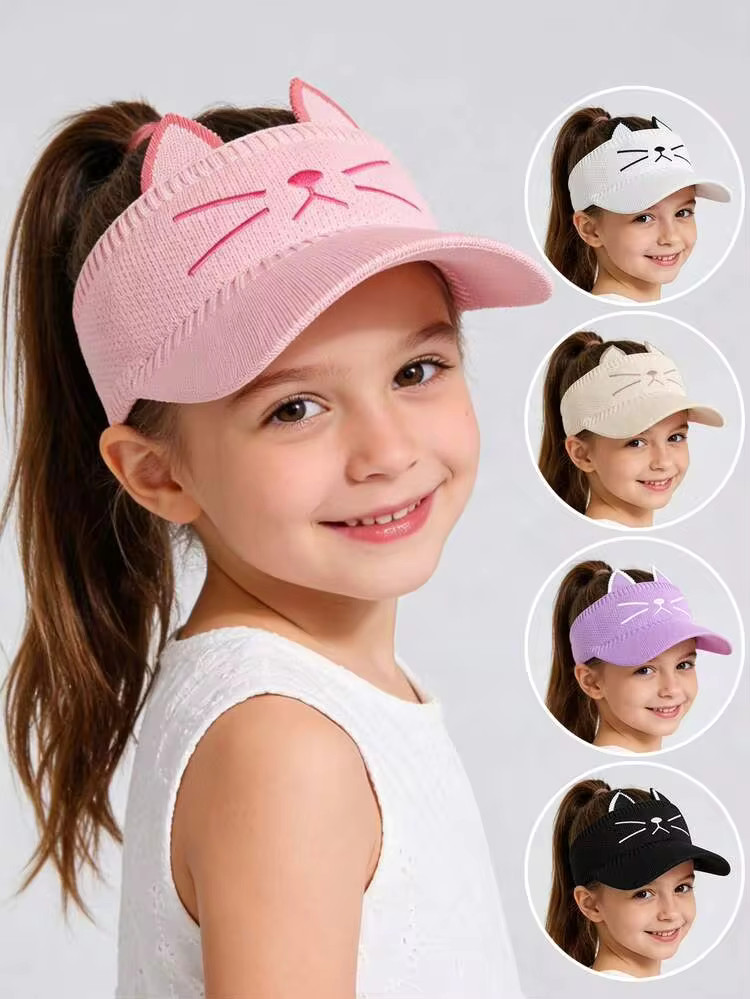 1pc Kids Girls Cute Cat Ear Embroidered Sun Hat, Breathable Knitted Ponytail Hat For Outdoor Dail... | SHEIN