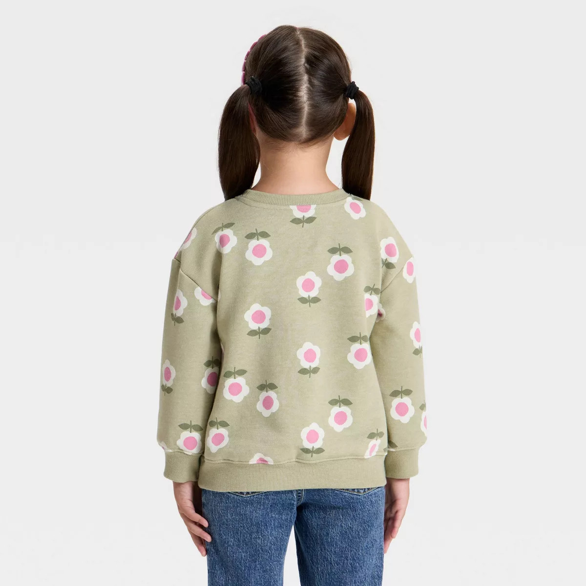 Toddler Girls' Floral Fleece Pullover Sweatshirt - Cat & Jack™ Olive Green 12M | Target