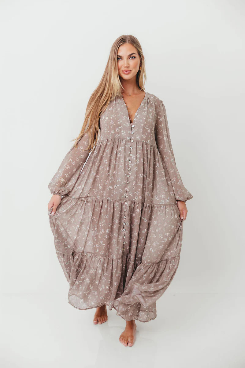 Anna Floral Print Button Front Duster Maxi W/Slip in Mocha Multi - Bum | Worth Collective