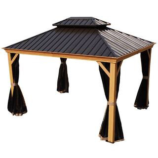 Apollo 10 ft. x 12 ft. Wood Like Aluminum Hardtop Gazebo with Galvanized Steel Roof and Mosquito ... | The Home Depot