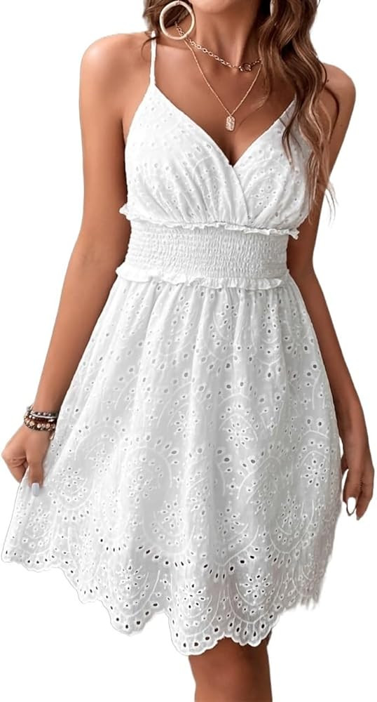 CIVOUX Womens White Dresses Eyelet Embroidery Shirred Waist Scallop Trim Cami Short Dress Sleevel... | Amazon (US)