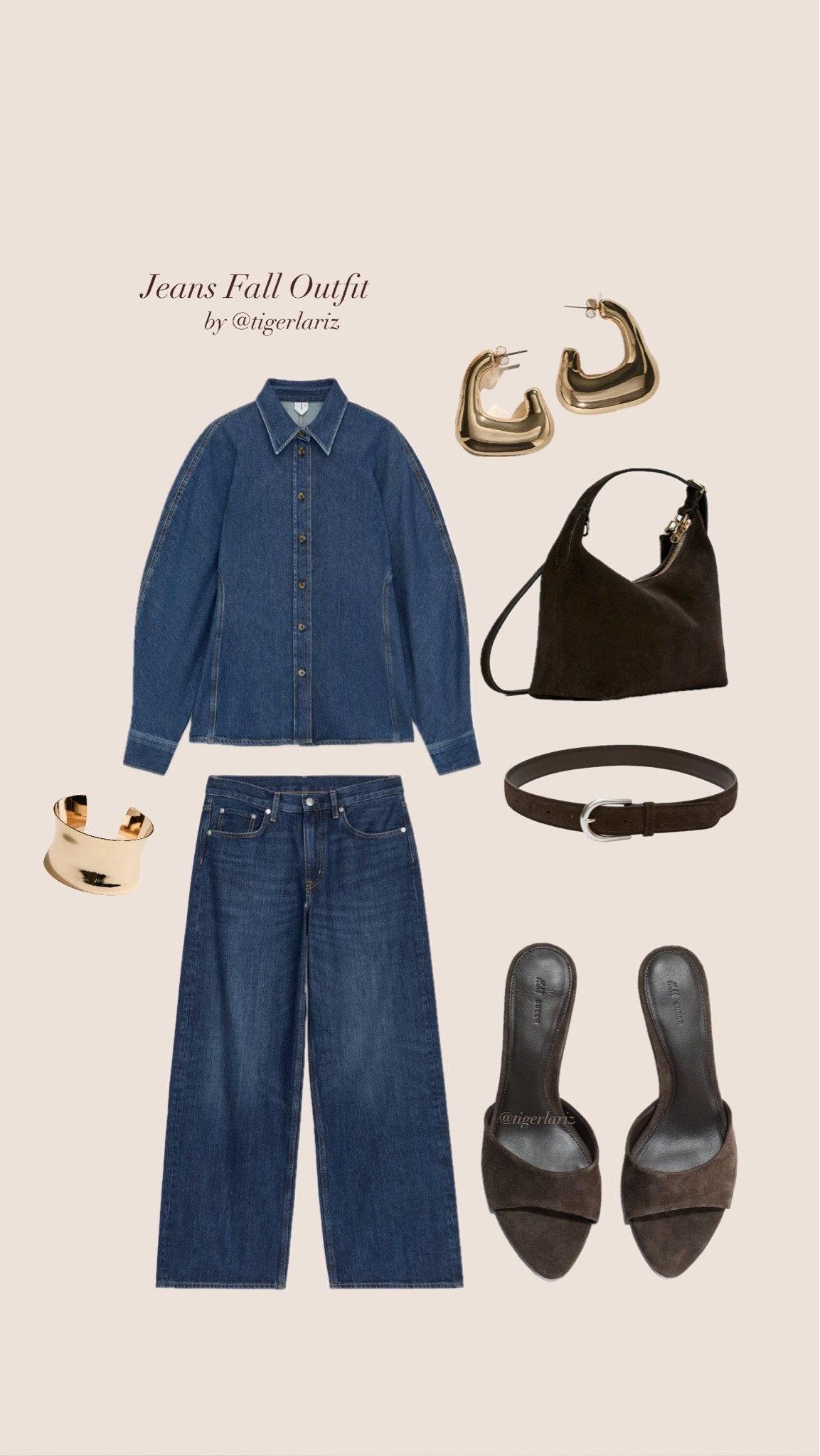 A timeless double denim outfit perfect for the transition into fall. Featuring a dark wash denim shirt, wide-leg jeans, rich brown suede accessories, gold jewelry, and elegant heels for an effortlessly elevated look.

#LTKFashionMonth #LTKautumn