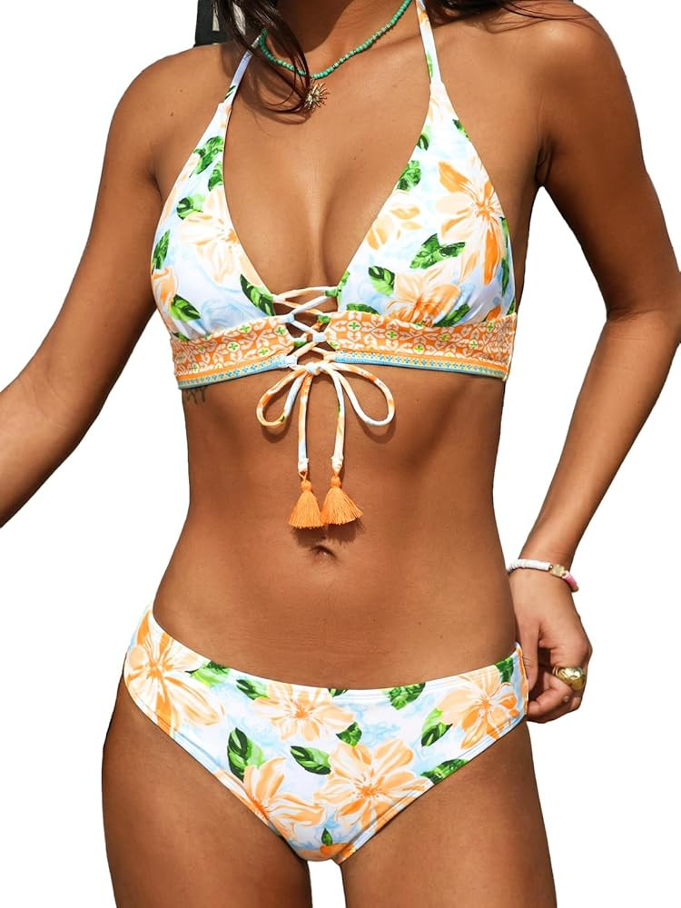 CUPSHE Women's Bikini Sets Two Piece Swimsuit Halter Bathing Suits V Neck Front Strappy Tie | Amazon (US)