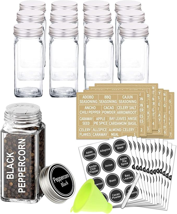 SWOMMOLY Glass Spice Jars 4OZ Square Spice Bottles, 12 Empty Seasoning Containers with Airtight C... | Amazon (US)