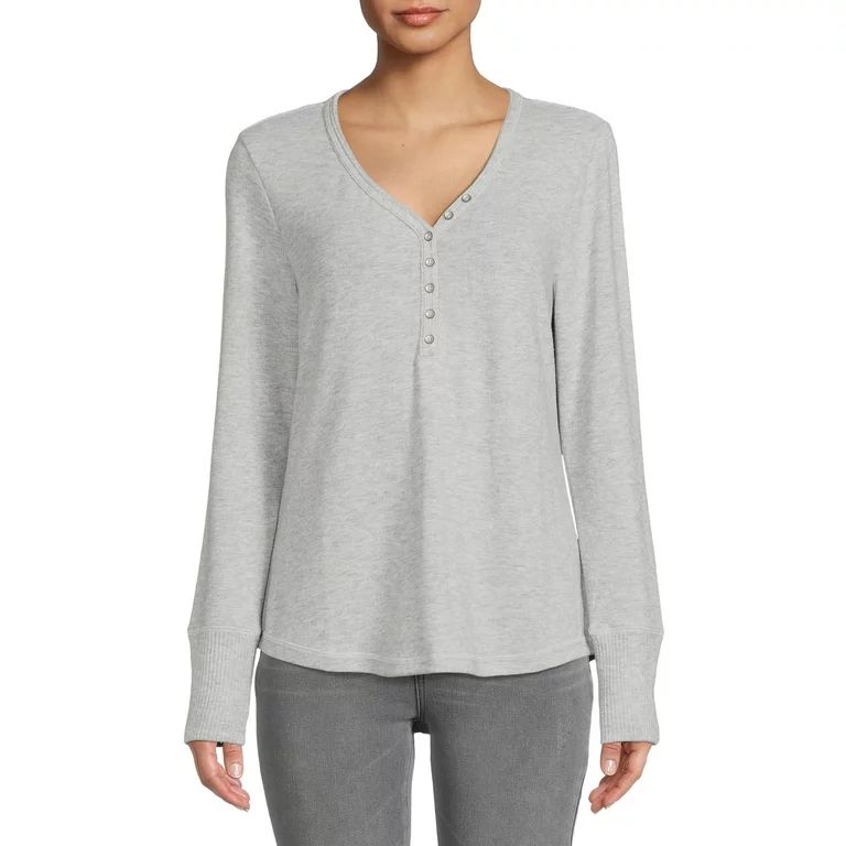 Time and Tru Women's Cozy Henley T-Shirt with Long Sleeves | Walmart (US)