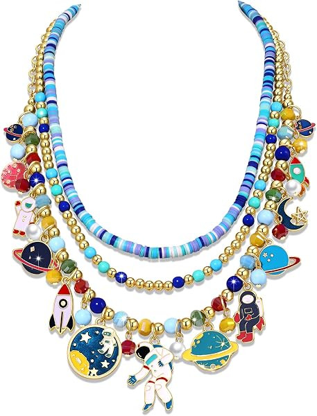Space Charm Layered Necklace Funny Blue Universe Astronaut Rocket Planet Moon Stars Celestial Exp... | Amazon (US)