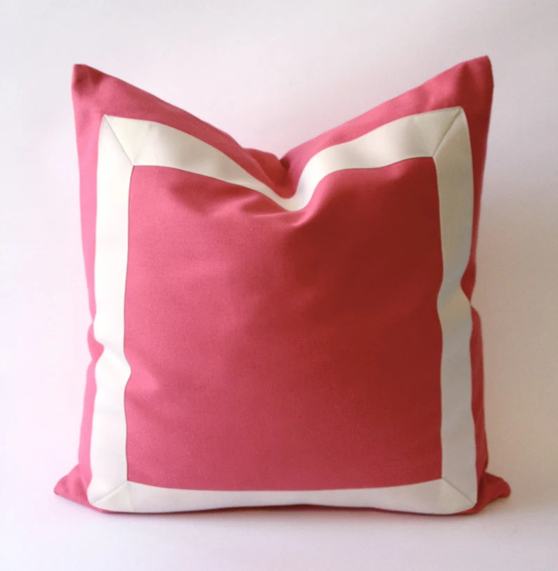 Coral Pink Cotton Canvas Pillow Cover \u2013 off White Grosgrain Ribbon Border - Etsy | Etsy (Global)